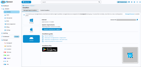 247connect Installers page with the Android managed agent selected, showing system requirements, installation guides, and a Google Play download option.